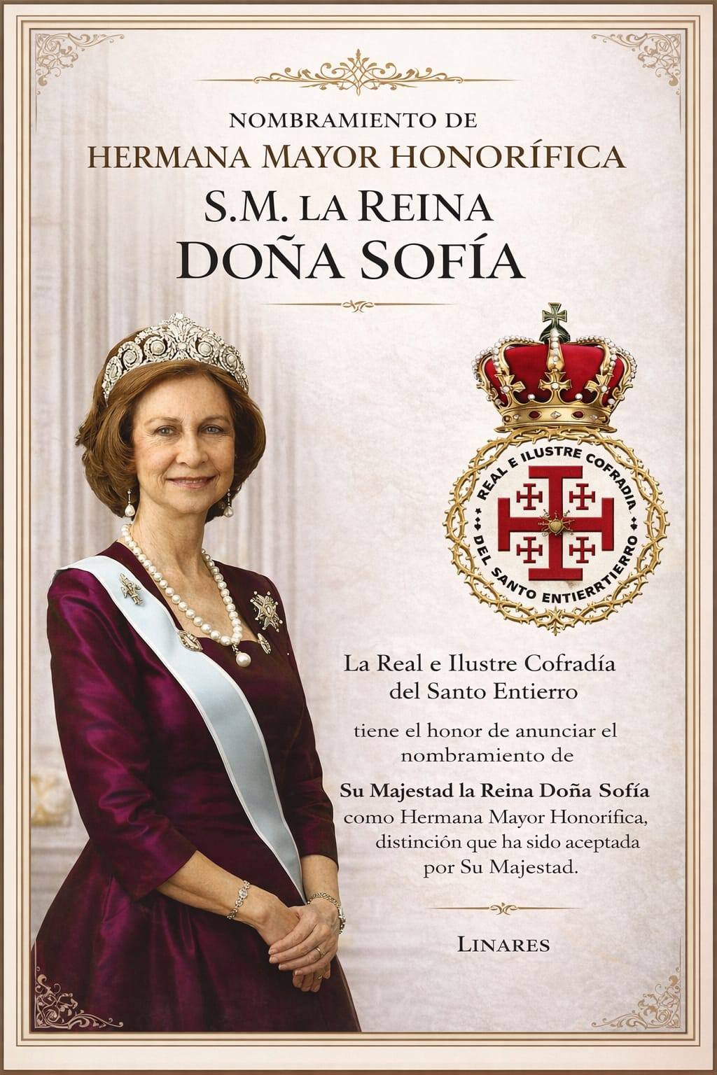 Imagen de La Reina Sofía, nombrada Hermana Mayor Honorífica de la Cofradía del Santo Entierro de Linares